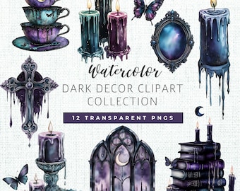 Gothic Watercolor Clipart Bundle: Witchy Candles, Teacups (Digital Download)