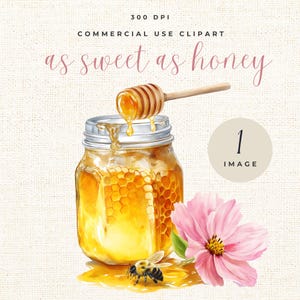 Akvarell honungsburk Clipart: Bi och blommor PNG (digital nedladdning)