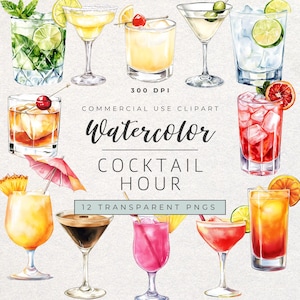 Aquarel cocktail clipart | 12 png-drankillustraties | Commercieel gebruik | Transparante achtergrond | Illustraties cocktailuurtje | Happy Hour