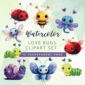 Puede incluir: Conjunto de imágenes prediseñadas de acuarela "Love Bugs" con varios insectos de dibujos animados. Incluye una mariquita, una abeja, una libélula, una oruga, un caracol y una mariposa, cada uno con detalles en forma de corazón.