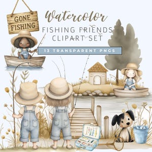 Little Fisherman Clipart, Fishing Friends Clipart, Gone Fishing Clipart, Birthday Fishing Theme, Gender Neutral Fishing Clipart