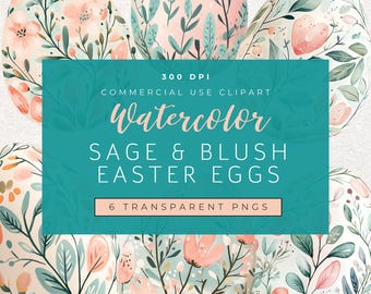 May include: Six watercolor Easter eggs with a sage green and blush pink floral pattern. 300 DPI. Commercial use clipart. 6 transparent PNGs.