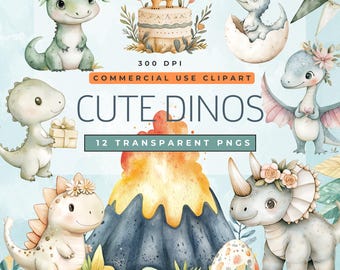 May include: A set of 12 watercolor illustrations of cute dinosaurs, including a triceratops, stegosaurus, and a pterodactyl. The dinosaurs are all wearing flowers and are in various poses. The illustrations are perfect for creating cards, invitations, or other crafts.