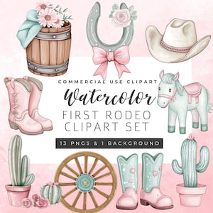 Erstes Rodeo Geburtstagseinladungs-Clipart-Set - Aquarell Cowgirl PNGs & Kuh-Druckhintergrund | Baby Cowgirl Geburtstags-Einladungs-Grafik
