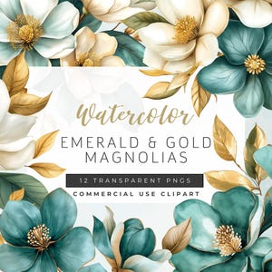 Clipart floreale verde smeraldo e oro / Clipart di magnolia ad acquerello / Clipart di fiori verdi e oro / Sfondo trasparente / Uso commerciale