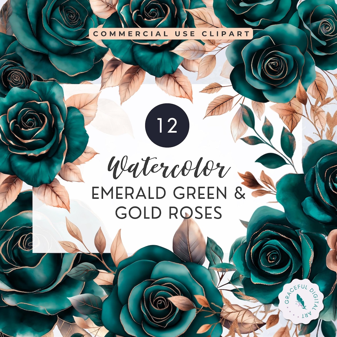 Emerald Green Rose Clipart Bundle | Emerald and Gold Roses PNG ...