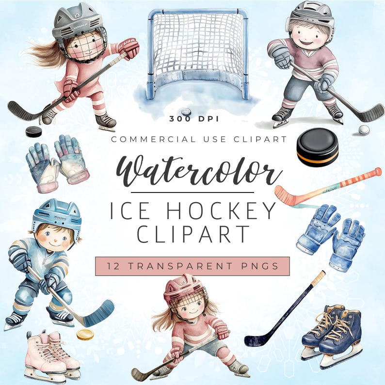 May include: Watercolor clipart set of ice hockey players, a goal, a puck, and gloves. The clipart is perfect for creating invitations, cards, and other crafts.