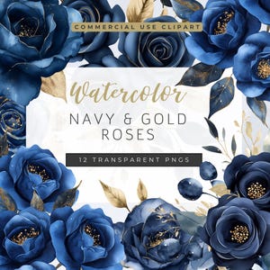 Navy Blue and Gold Roses Clipart | Watercolor Gold Roses Clipart | Blue & Gold Wedding Bouquet | Navy and Gold Wedding Theme, Commercial Use