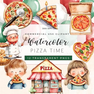 Set di clipart di pizza ad acquerello / Clipart di "Pizza Our Heart Baby Shower" / Clipart di "Pizza e ciucci per baby shower", sfondo trasparente
