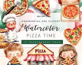May include: Watercolor clipart featuring various pizza illustrations, including whole pizzas, pizza slices, and a heart-shaped pizza. The image includes a chef, children eating pizza, and a pizza shop. Text includes "Watercolor Pizza Time" and "Commercial Use Clipart".