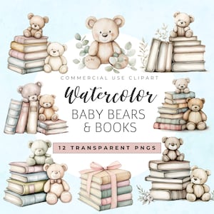 Watercolor Baby Bears & Books Clipart, A New Chapter Begins Baby Shower Clipart, Cute Bear Book Stack PNGs, Books for Baby Clipart