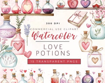 Love Potion Clipart, Valentine's Day PNG Set, Magic Potion Clipart, Cute Potion Bottle Clipart