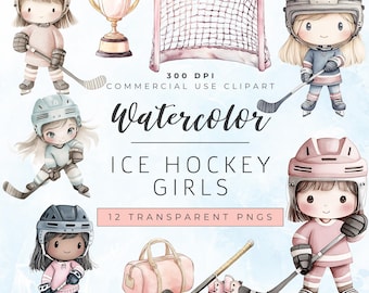 Watercolor Ice Hockey Girls Clipart | Girls Sports PNGs | Girl Hockey Players | Commercial Use | Cute Ice Hockey Clipart