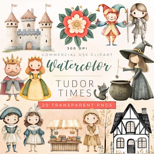 20 uroczych Tudorów Clipart | Uroczy zestaw akwareli średniowiecznych PNG | Uroczy rycerze i królewscy Clipart | Domy i zamki Tudorów | Cyfrowy Clipart