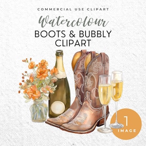 Puede incluir: Ilustración en acuarela de botas de vaquero, champán y elementos florales. La imagen incluye una botella de champán, dos copas de vino espumoso y un ramo de flores naranjas. Texto: "Watercolour Boots & Bubbly Clipart."