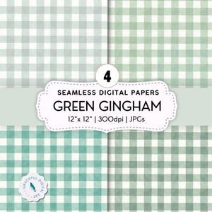 Op de afbeelding: Vier naadloze digitale papieren met een groen ruitpatroon. De papieren zijn 30,48 cm x 30,48 cm groot en zijn gelabeld met "Green Gingham". De afbeelding bevat ook de tekst "300dpi | JPGs" en het logo "Graceful Digital Art".