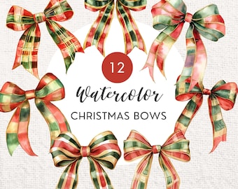 Watercolor Christmas Coquette Bows Clipart | Rich Festive Digital Bow PNGs | 12 Watercolour Red and Green Ribbon Clipart
