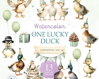 One Lucky Duck Clipart | Baby Shower Duckling PNG | Cute Duck Party Illustrations | Mallard Duck ClipArt | Duck Theme Birthday Clipart