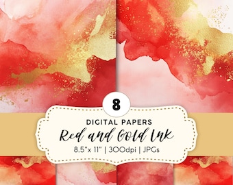Festive Red and Gold Ink Digital Papers | Christmas Watercolor Backgrounds | Alcohol Ink Digital Scrapbooking Paper