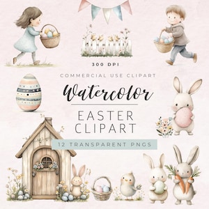Aquarell Ostern Clipart, transparentes PNG, Hase Clipart, Ostereiersuche Clipart, Aquarell Osterhase Bilder - süße Osterküken