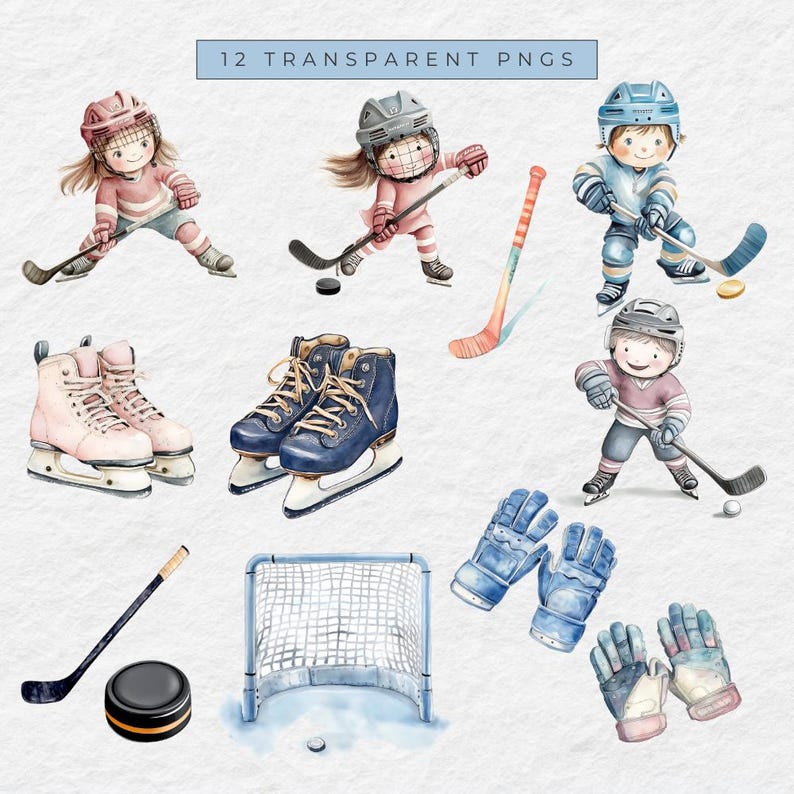 May include: A set of 12 watercolor illustrations featuring hockey players, equipment, and a goal. The illustrations are in a cartoon style and feature a variety of colors, including blue, pink, red, and black.
