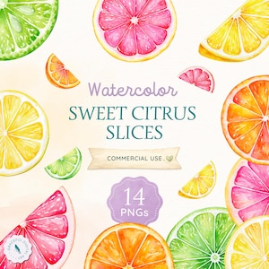 Könnte beinhalten: Eine digitale Sammlung von Aquarell-Zitrusfrüchtescheiben mit Limetten-, Grapefruit-, Orangen- und Zitronensegmenten. Der Text lautet Watercolor SWEET CITRUS SLICES, COMMERCIAL USE und 14 PNGs. Die Grafik zeigt lebendige Grün-, Pink- und Gelbtöne.
