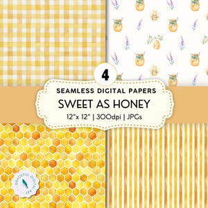 Könnte beinhalten: Vier nahtlose digitale Papiere mit Aquarelldesigns. Die Designs umfassen gelbes Vichy-Karo, Honigtöpfe mit Bienen, Waben und vertikale Streifen. Der Text lautet "SWEET AS HONEY" und "12" x 12" | 300dpi | JPGs".