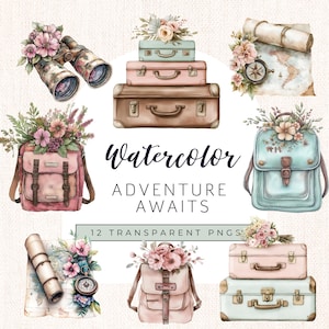 Pacote de clipart para chá de panela "A aventura começa" - Clipart de malas vintage para viagem, gráficos para chá de panela, conjunto de clipart "A aventura aguarda"