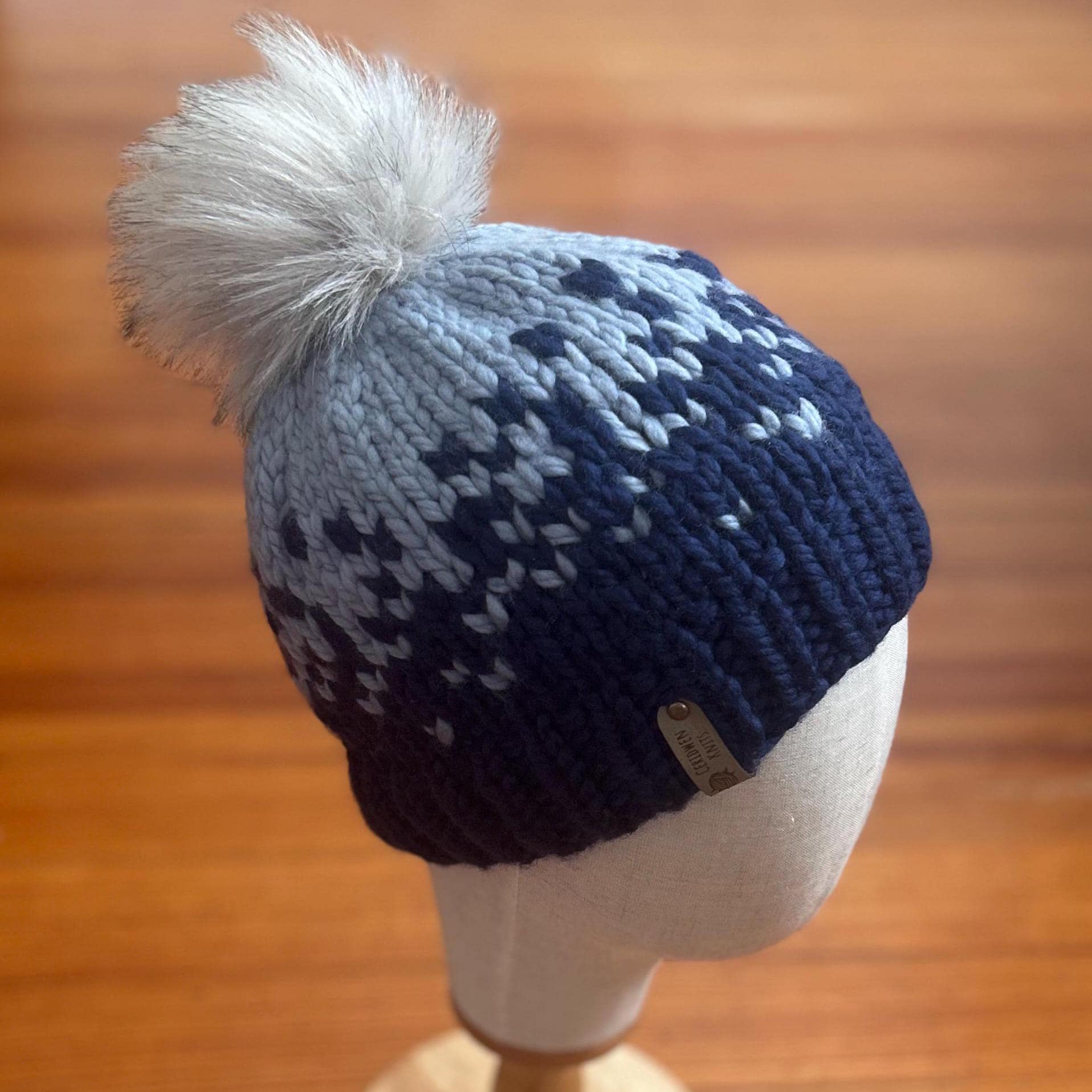 Handknit Merino Wool Beanie: Two-Tone Blue Ombre Hat with Faux Fur Pom A second version of the Alaska hat hand knit for a custom  main image 4