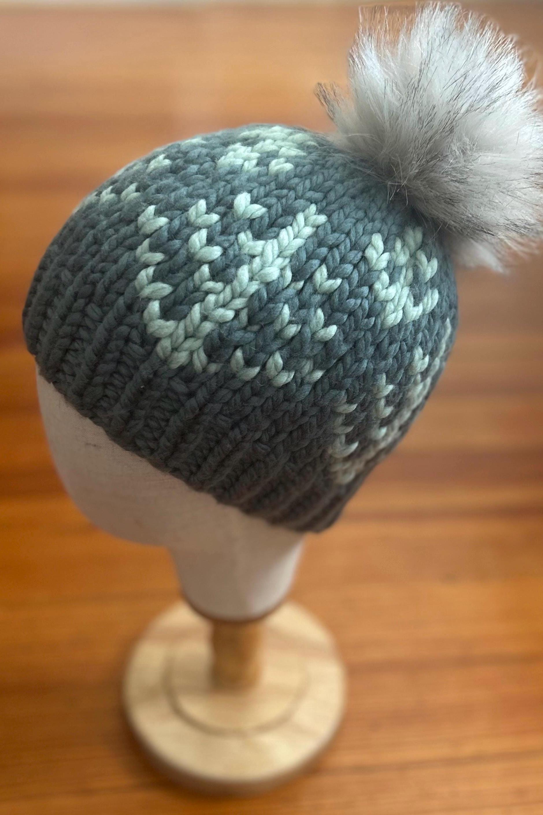 Handknit Merino Wool Beanie: Alpine Tree Pattern, Faux Fur  display picture 2
