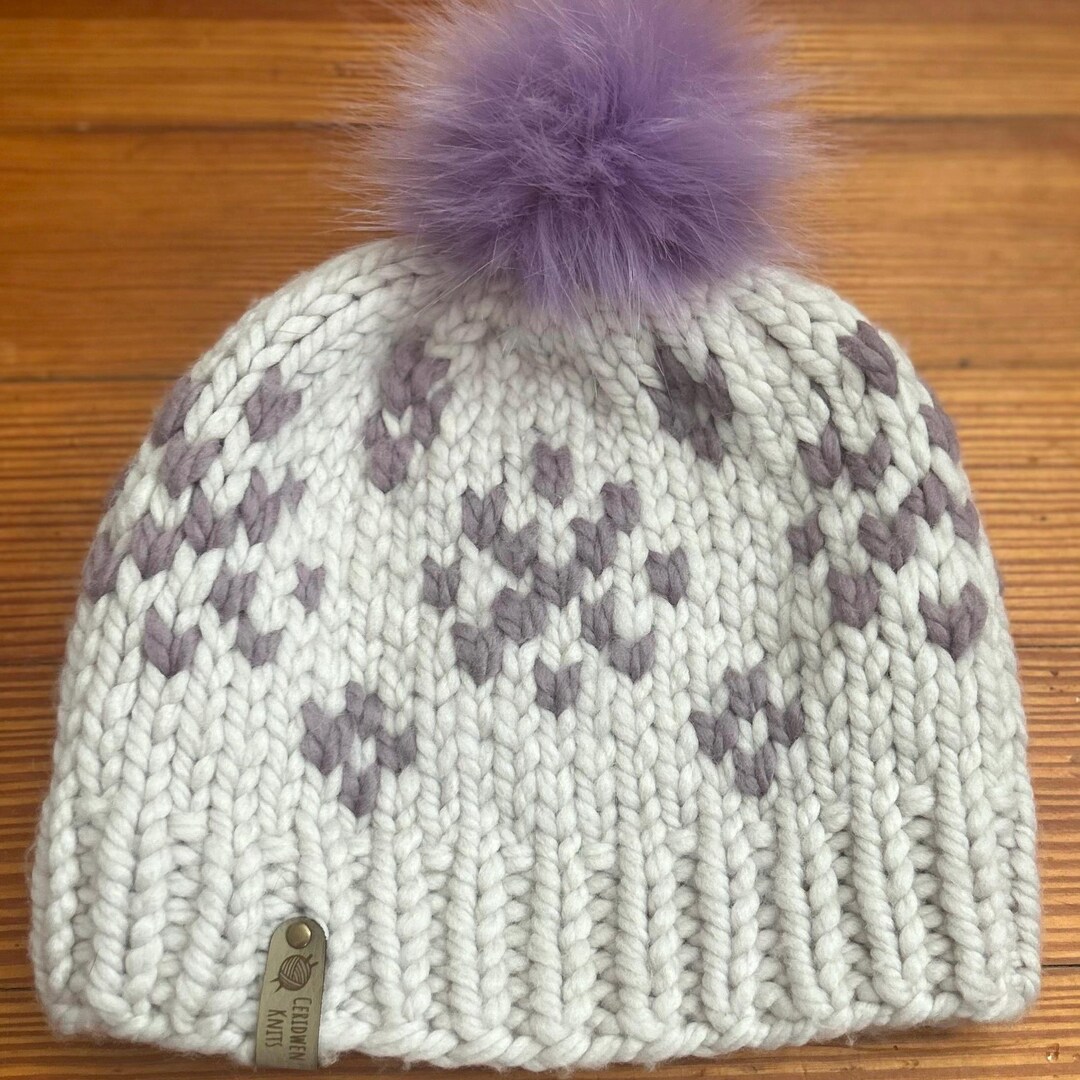 Handknit Merino Wool Beanie: White & Lavender Snowflake Hat  display picture 3