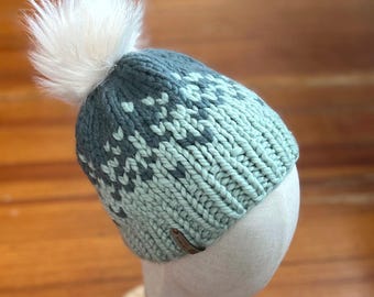 Handknit Merino Wool Beanie: Two-tone Blue Ombre Hat With  display picture 1