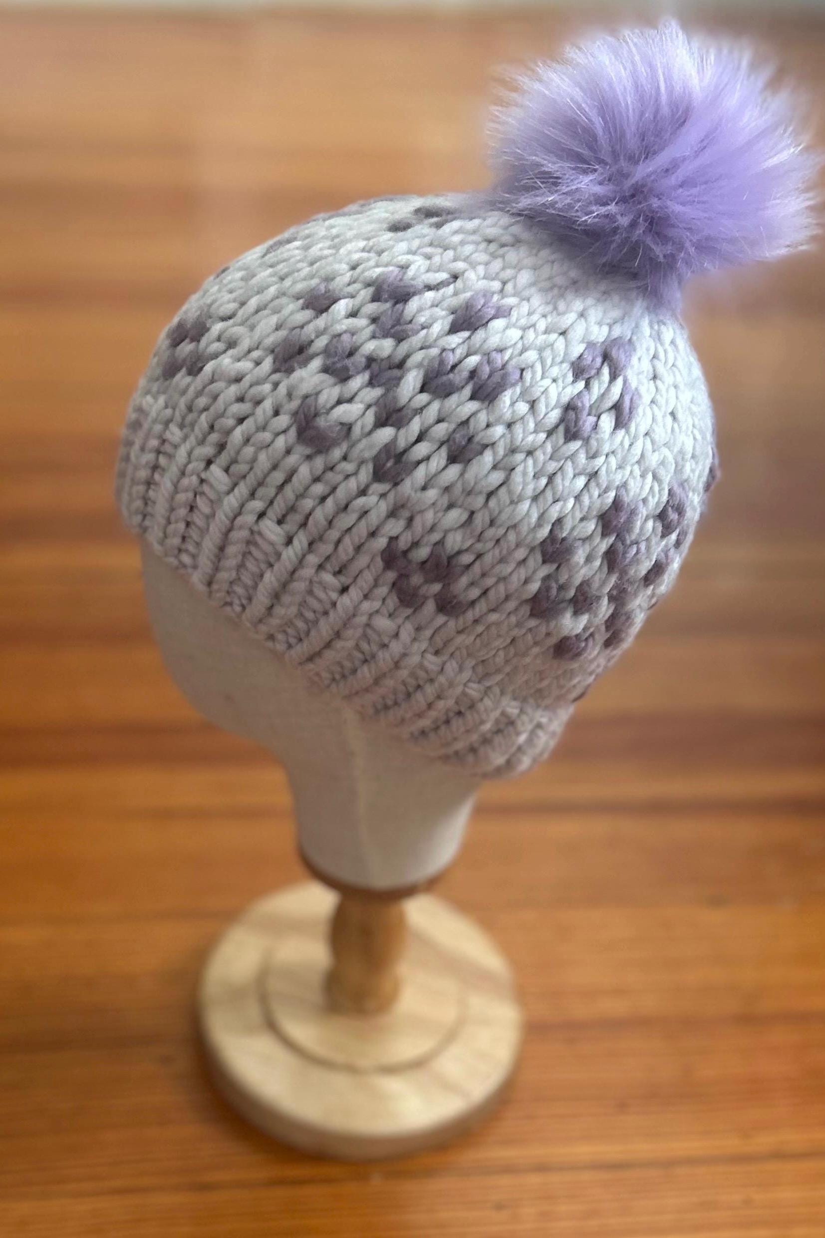 Handknit Merino Wool Beanie: White & Lavender Snowflake Hat  display picture 2