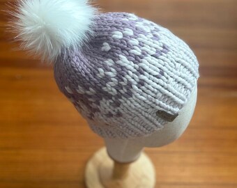 Handknit Merino Wool Beanie: Two-tone Blue Ombre With Faux  display picture 2