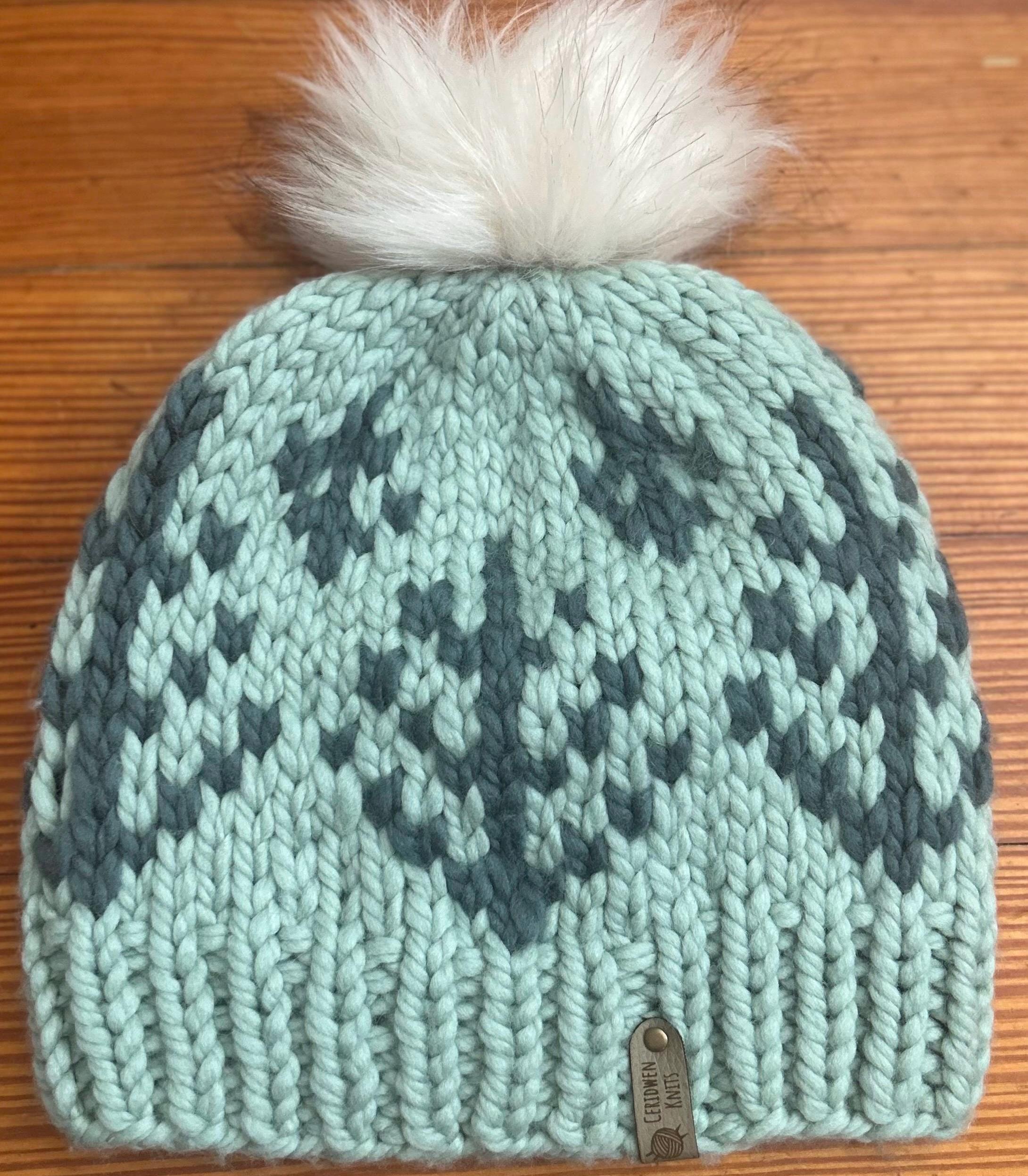 Alpine Merino Wool Knit Beanie: Green Tree Pattern, Faux Fur  display picture 3