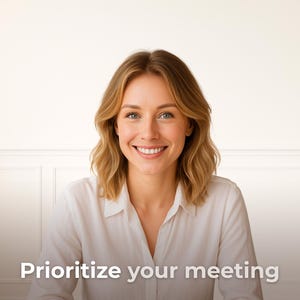 Może przedstawiać: Kobieta o blond włosach uśmiecha się do kamery, mając na sobie białą koszulę z guzikami. Pod nią widnieje tekst "Prioritize your meeting".