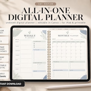 May include: An all-in-one digital planner displayed on a tablet screen, featuring a weekly and monthly layout with botanical illustrations. The interface includes sections for priorities, to-do lists, and habit trackers, with six color themes available.
