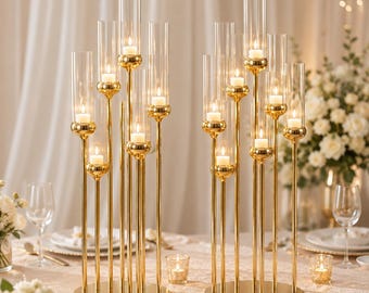 Juego de 2 candelabros dorados de 37″ de alto y 8 brazos para centros de mesa