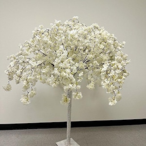 White Artificial Cherry Blossom Tree With Detachable Metal Base, Silk Sakura Flowers Wishing Tree Wedding Decor – 5ft