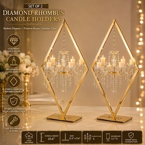 May include: A set of two gold-colored metal candle holders with a diamond-shaped frame. Each holder features a central chandelier-style fixture with six arms for candles, adorned with hanging clear crystals. The base measures 11.8 by 8.6 inches.