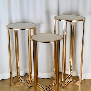 Juego de 3 pedestales cilíndricos de metal redondos dorados para bodas, fiestas y eventos, fondo, base de flores y soporte para tartas