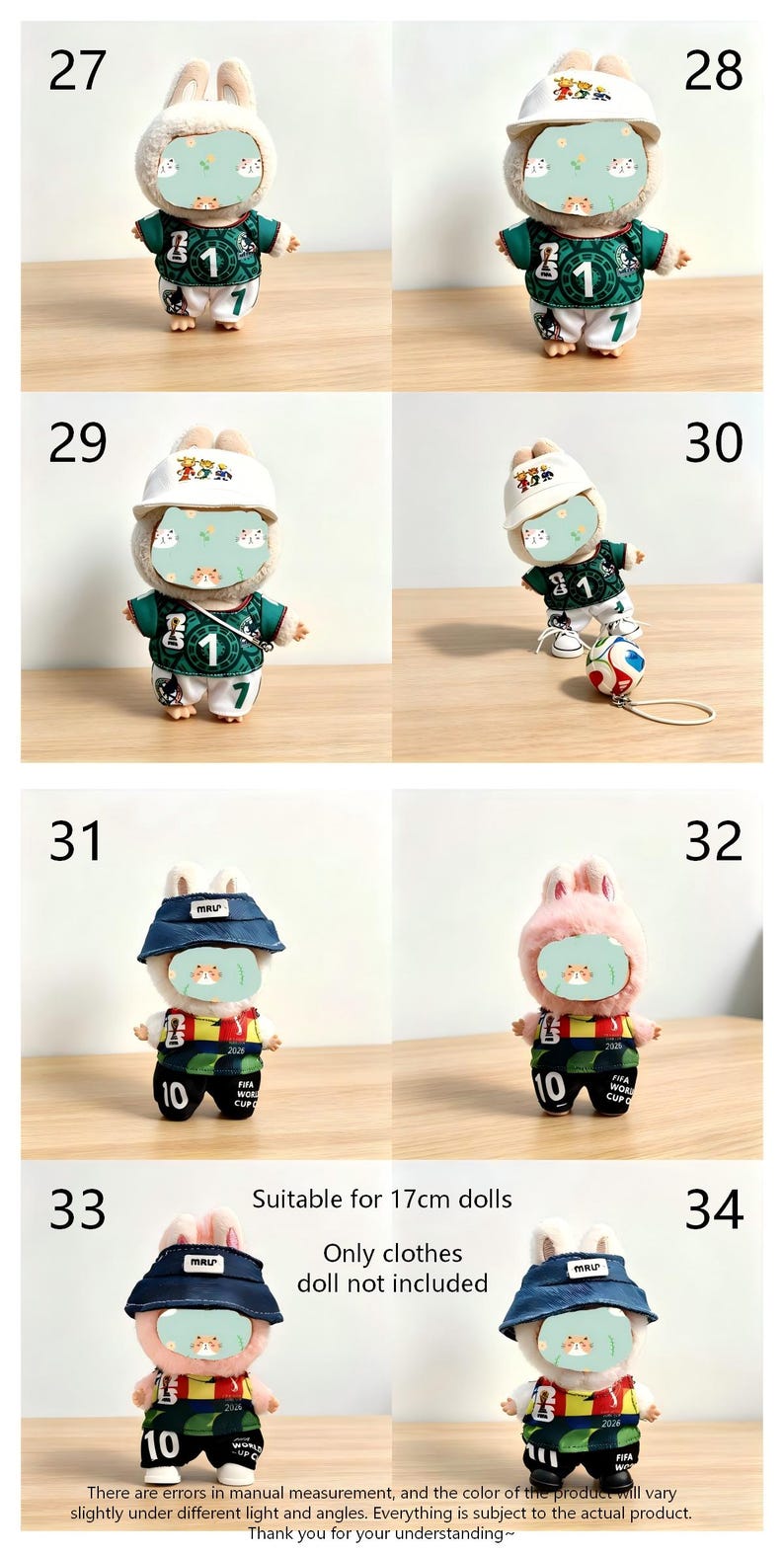 May include: A collection of plush bunny dolls wearing soccer-themed outfits. The dolls are dressed in green and white jerseys with the number 1 or 10, and some wear hats. The text "Suitable for 17cm dolls" is also visible.