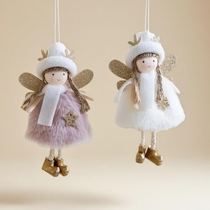Christmas Angel Plush Doll with Antlers and Golden Wings | Soft Fabric Fairy Ornament |  Christmas Tree Decor