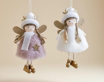 Christmas Angel Plush Doll with Antlers and Golden Wings | Soft Fabric Fairy Ornament |  Christmas Tree Decor