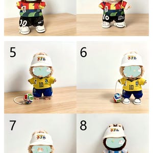 May include: A collection of ten plush rabbit dolls dressed in soccer uniforms. Each doll has a different uniform design, including team colors and numbers. Some dolls wear hats and hold miniature soccer balls.