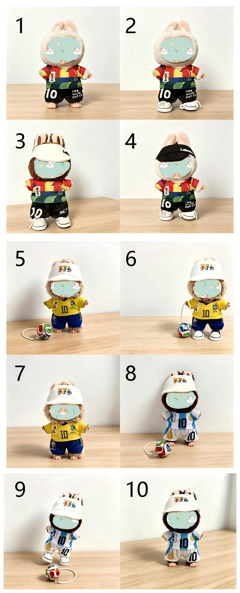 May include: A collection of ten plush rabbit dolls dressed in soccer uniforms. Each doll has a different uniform design, including team colors and numbers. Some dolls wear hats and hold miniature soccer balls.