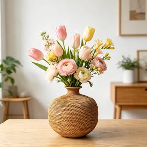 Könnte beinhalten: Ein Blumenstrauß aus rosa und gelben Tulpen, Ranunkeln und anderen Blumen in einer gewebten braunen Vase. Die Vase steht auf einem hellbraunen Holztisch. Der Hintergrund umfasst eine weiße Wand und Holzmöbel.