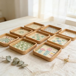 以下が含まれることがあります： さまざまな花柄と葉柄が施された、正方形のラタンコースター9個セット。各コースターは、織り込まれた縁と、緑、ピンク、青の色合いの水彩画風パターンがプリントされた紙のインサートを備えています。