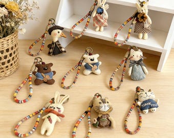 Handmade Animal Keychain – Boho Woven Wristlet Key Ring – Cute Bear & Bunny Bag Charm – Fabric Doll Key Holder Gift