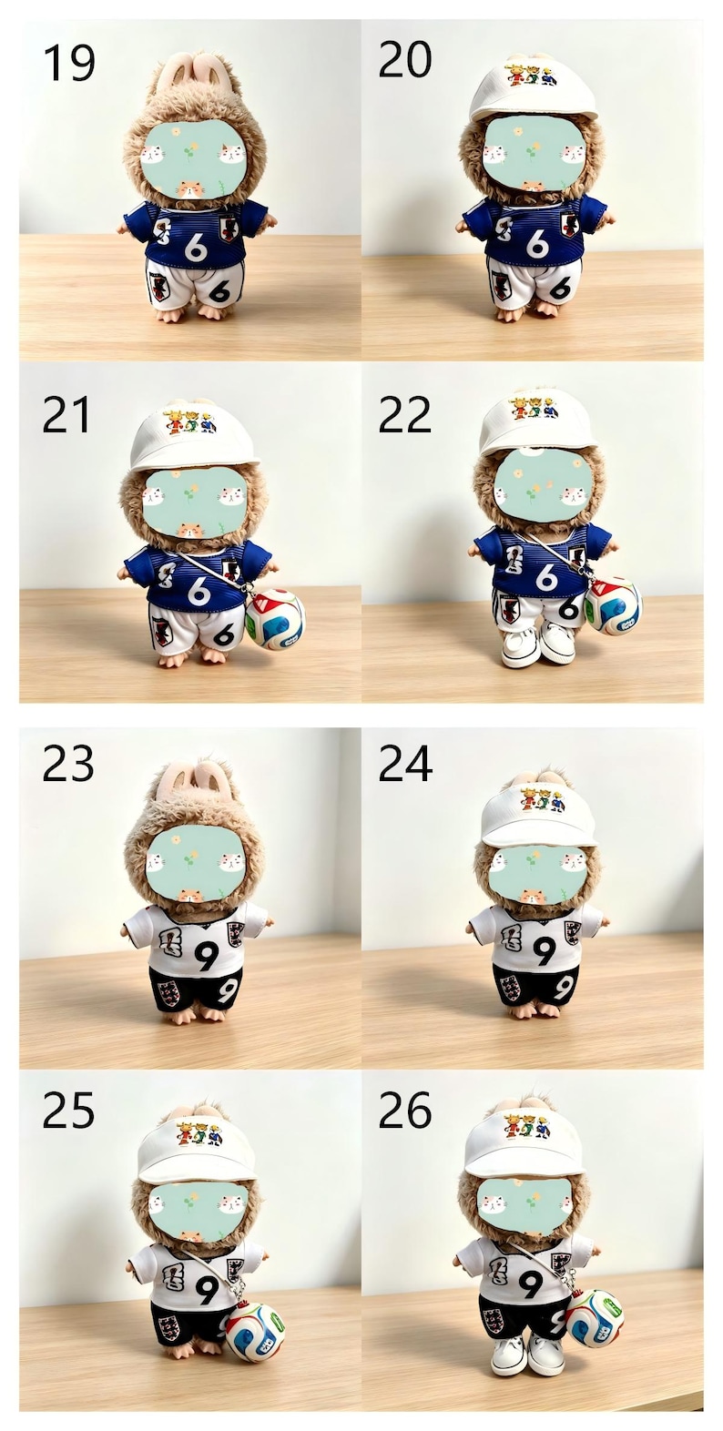 May include: A series of small plush dolls, each wearing a soccer uniform and a baseball cap. The dolls have a furry head and are holding a soccer ball. The uniforms are either blue or white, with the number 6 or 9 on the front.